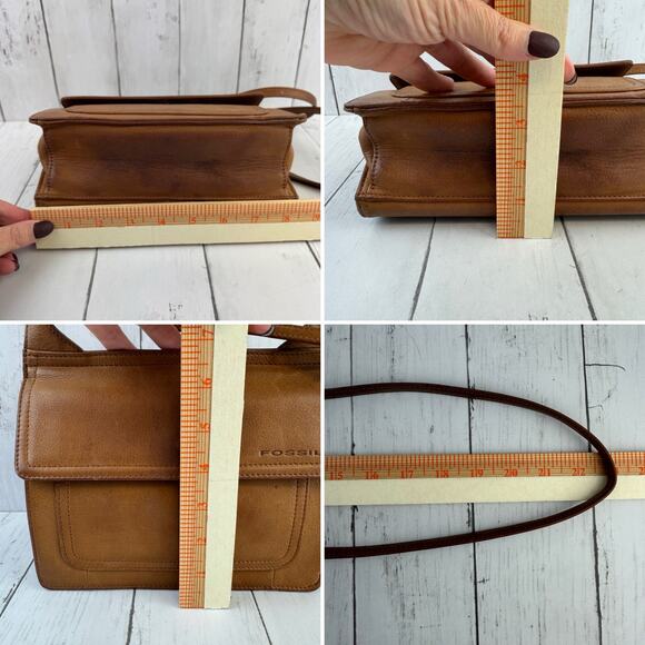 VTG Fossil Brown Camel Leather Double Flap Saddle Crossbody Bag Organizer - Picture 15 of 15